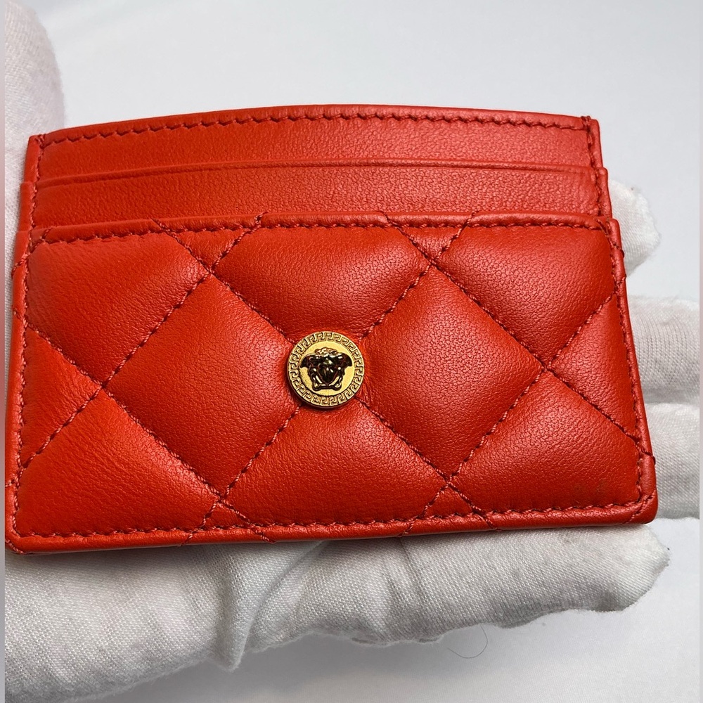 Versace Coral Lambskin Quilted Card Holder New COA